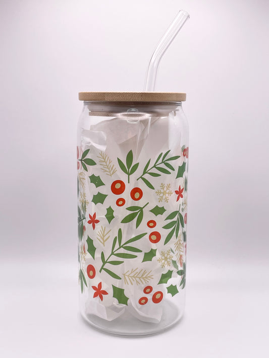 Christmas Leaves & Berries Glass Can